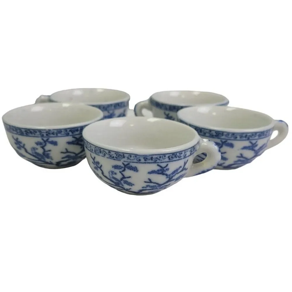 Vintage Mini Ceramic Doll Teapot Teacup Plates Cups Blue Floral Set
